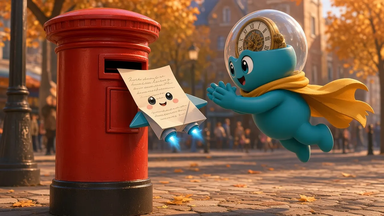 Byte delivers a hand-written letter into a red postbox while Tik flies alongside