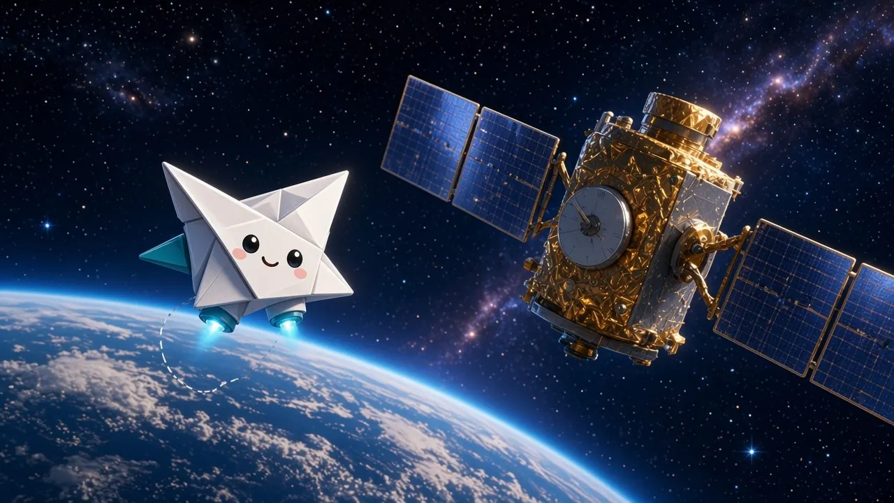 Byte, a white paper-plane drone with ink-dot eyes, flying past a satellite above Earth