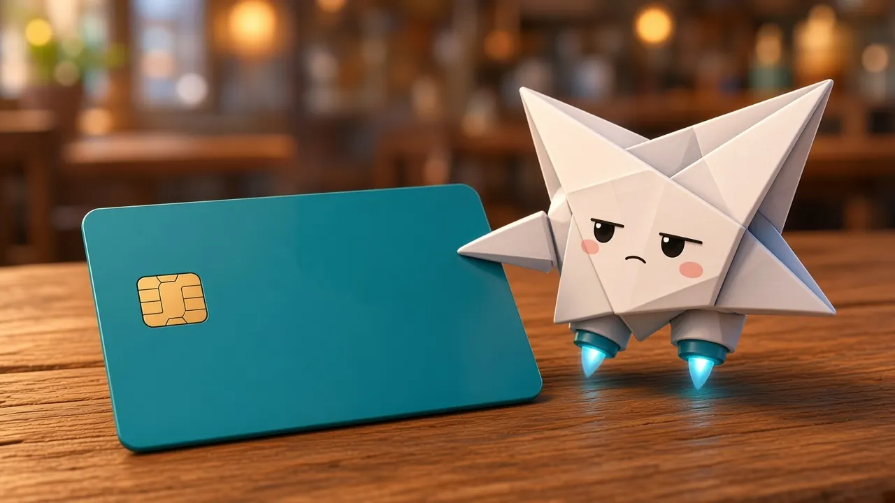 Byte the paper drone frowns next to a teal bank card on a café counter