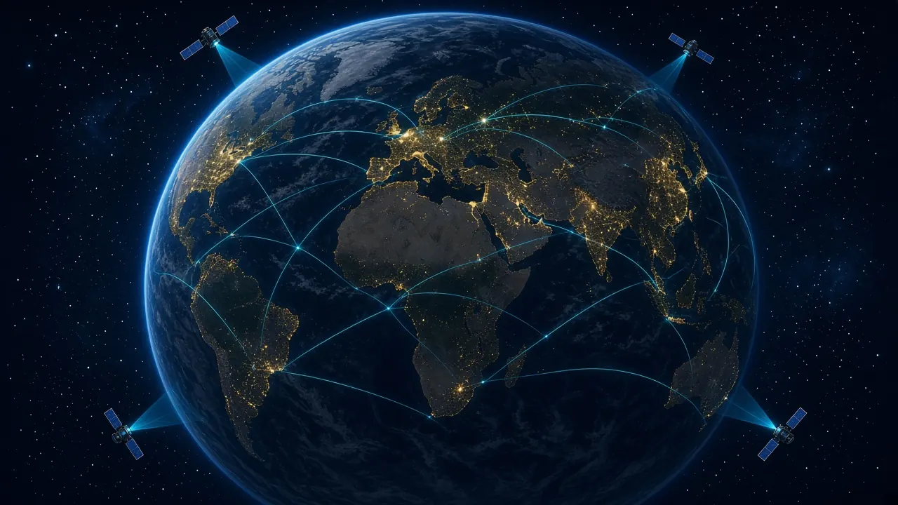 Glowing data threads wrapped around a night-side Earth, with satellites in orbit