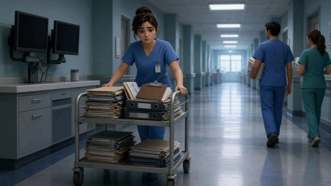 A nurse pushes a trolley stacked with paper folders down a hospital corridor