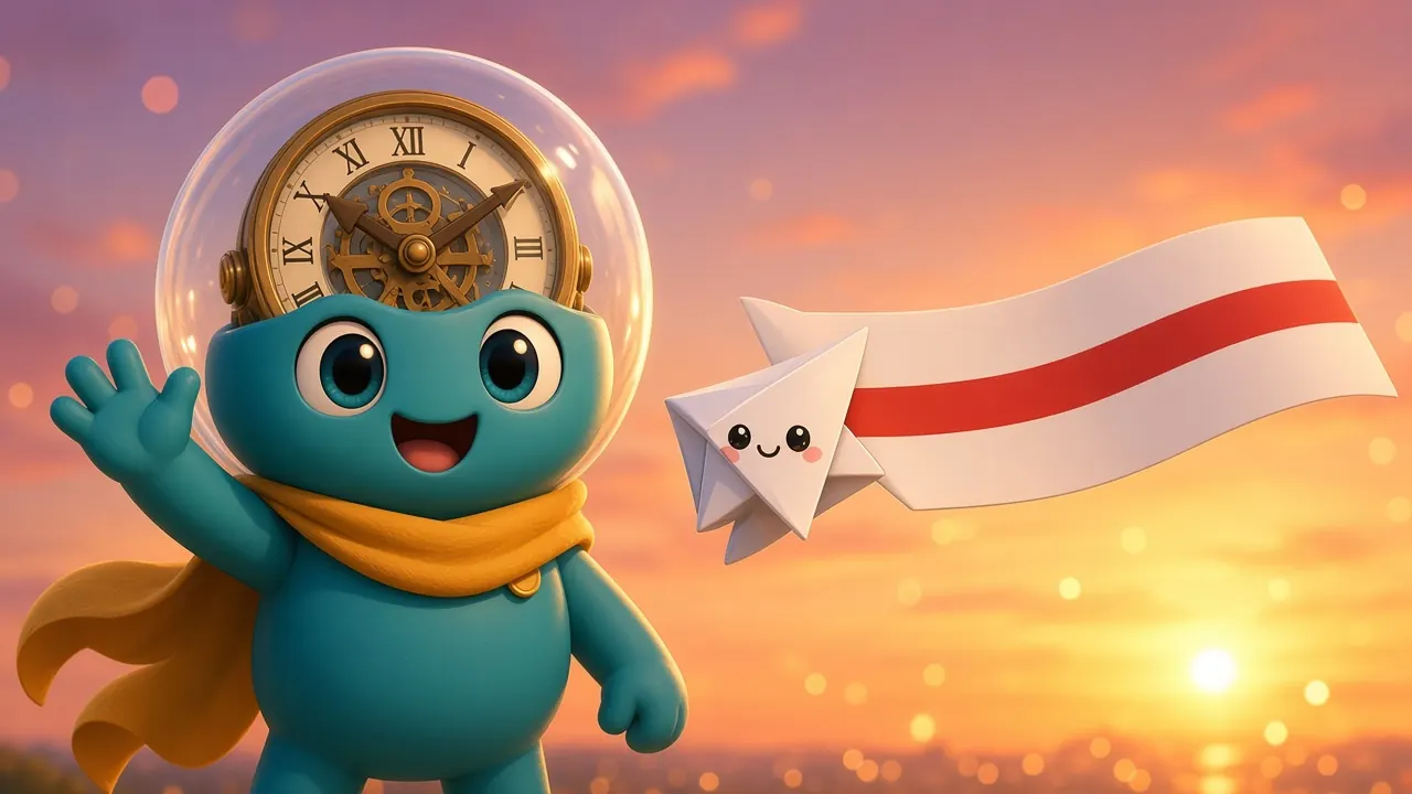 Tik waves while Byte flies a banner across a sunset sky
