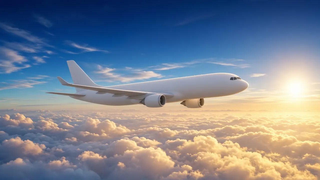 A passenger jet flying above bright clouds at sunrise