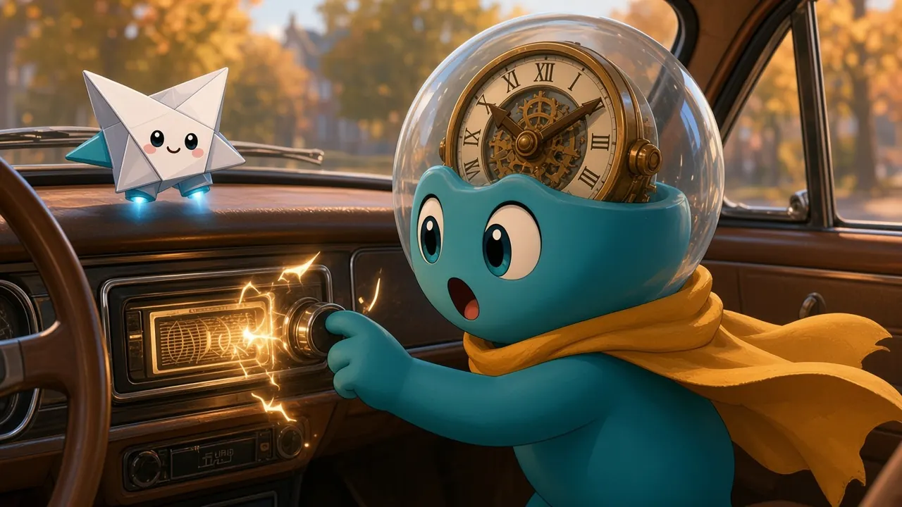 Tik leans into an old car and switches on the dashboard radio while Byte watches