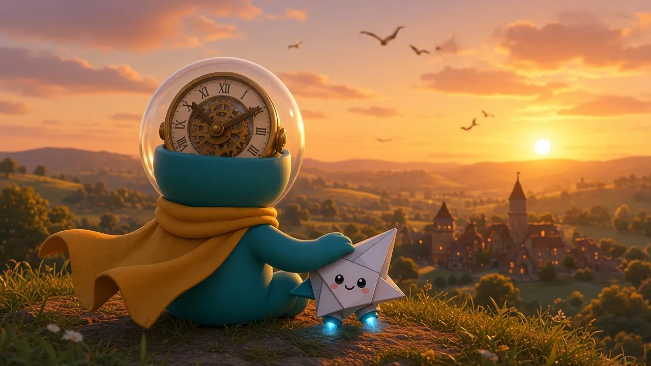 Tik and Byte sit on a hillside watching the sun set over a quiet old town