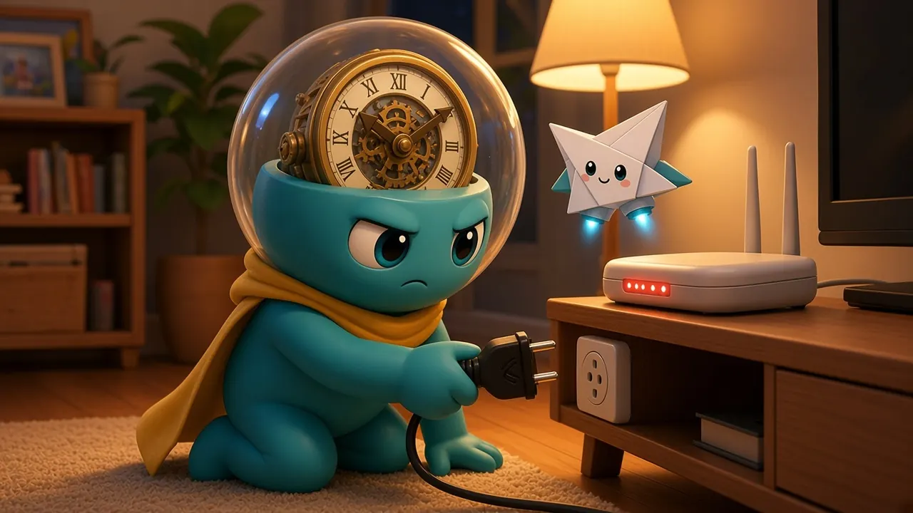 Tik, the clock-dome explorer, glares at a dead Wi-Fi router while Byte the paper-plane drone hovers nearby