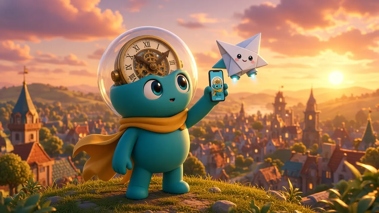 Tik the clock-dome explorer holds up a phone over a sunset town while Byte hovers beside him